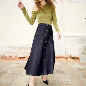 Drop Waist Denim A-Line Midi Skirt