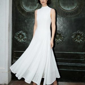 Mock Neck Knit Lace Midi Dress