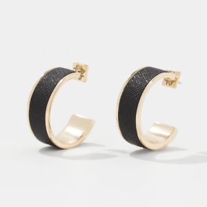 Black Textured Leather Small Hoop Earrings