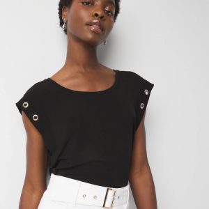 Grommet Cuff Scoop Neck Tee