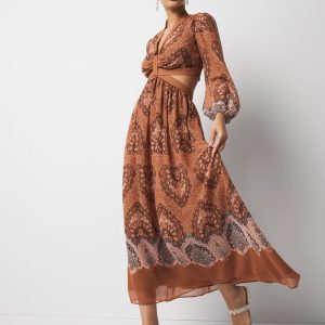 Long-Sleeve V-Neck Cutout Midi Dress