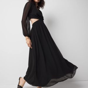 Long-Sleeve V-Neck Cutout Midi Dress