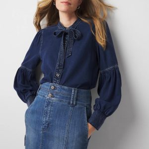 Tie-Neck Denim Shirt