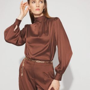 Petite Mock Neck Satin Jacquard Blouse