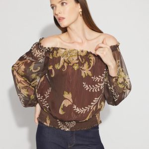 Off-the-Shoulder Floral Chiffon Blouse