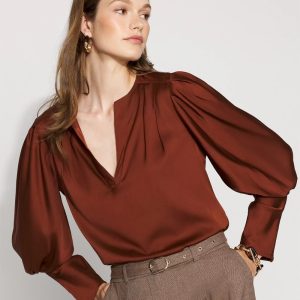 Petite Pleated Sleeve Satin Blouse