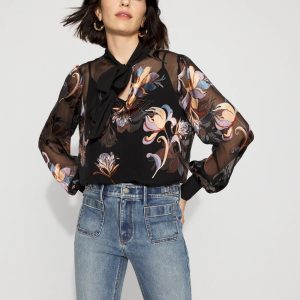Floral Silk Burnout Tie-Neck Blouse