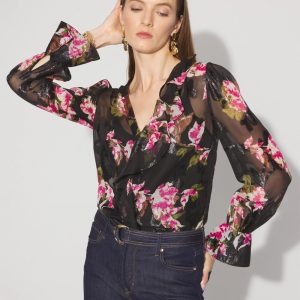 Petite Sheer Metallic Clip Ruffle Blouse