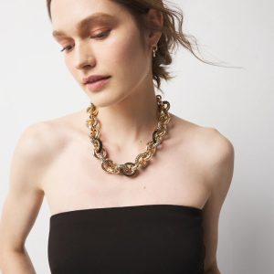 Black Textured Leather + Pavé Link Necklace