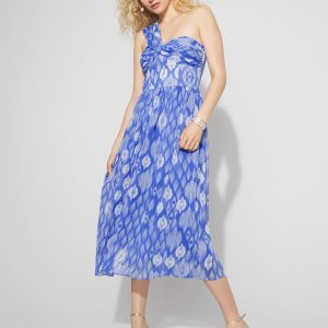 One-Shoulder Ikat Print Midi Dress