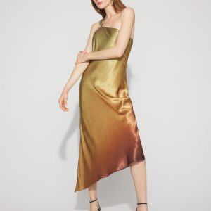 One-Shoulder Ombre Satin Slip Dress