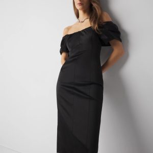 Off-The-Shoulder Satin Midi Dress