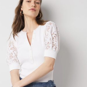 Eyelet Puff Sleeve Henley Top