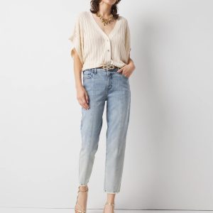 Petite High-Rise Raw Hem Pintuck Straight Jean with Slit