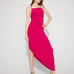 Jersey-Knit Ruched Midi Dress with Asymmetric Hem