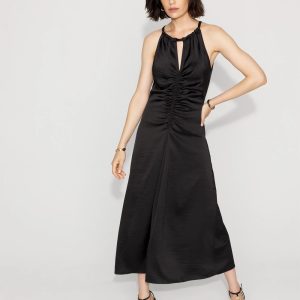 Satin Halter Ruched Midi Dress