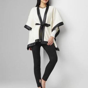Wool Blend Ruana with Faux Leather Trim